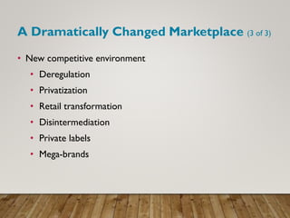 A Dramatically Changed Marketplace (3 of 3)
• New competitive environment
• Deregulation
• Privatization
• Retail transformation
• Disintermediation
• Private labels
• Mega-brands
 