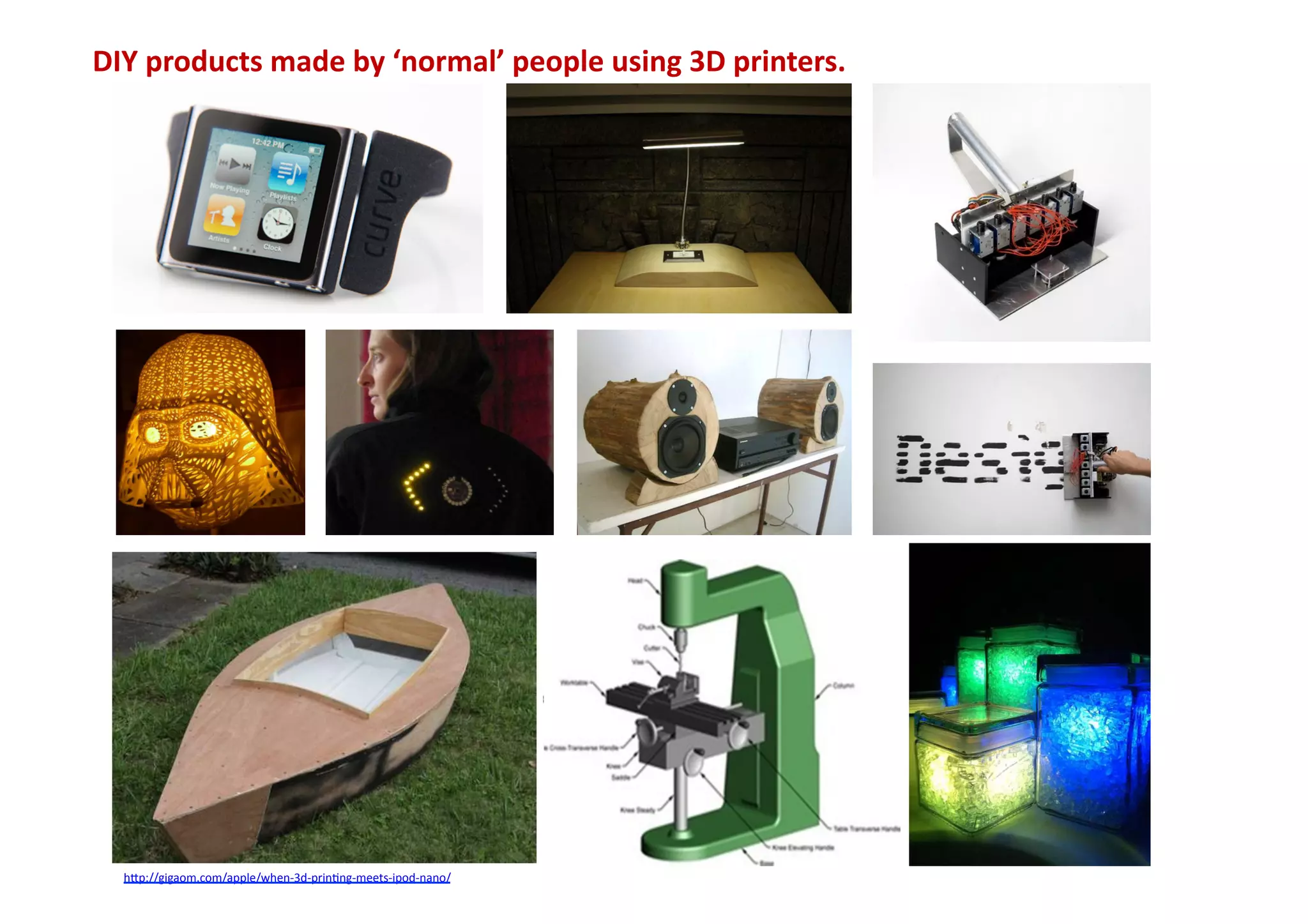 DIY	
  products	
  made	
  by	
  ‘normal’	
  people	
  using	
  3D	
  printers.	
  




   h7p://gigaom.com/apple/when-­‐3d-­‐prin-ng-­‐meets-­‐ipod-­‐nano/	
  
 