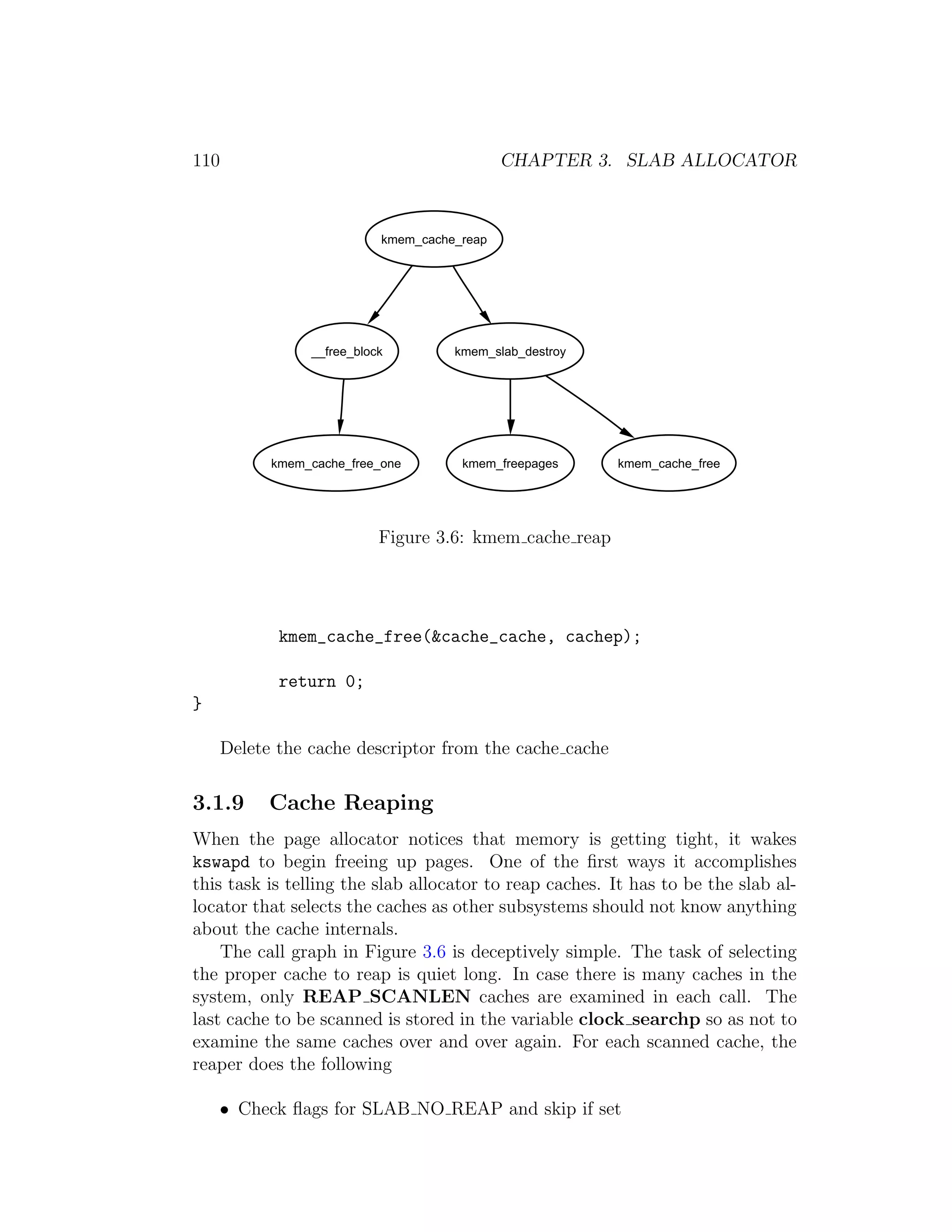 110                                           CHAPTER 3. SLAB ALLOCATOR



                            kmem_cache_reap




                 __free_block         kmem_slab_destroy




            kmem_cache_free_one        kmem_freepages     kmem_cache_free




                            Figure 3.6: kmem cache reap




             kmem_cache_free(&cache_cache, cachep);

             return 0;
}

      Delete the cache descriptor from the cache cache

3.1.9       Cache Reaping
When the page allocator notices that memory is getting tight, it wakes
kswapd to begin freeing up pages. One of the ﬁrst ways it accomplishes
this task is telling the slab allocator to reap caches. It has to be the slab al-
locator that selects the caches as other subsystems should not know anything
about the cache internals.
    The call graph in Figure 3.6 is deceptively simple. The task of selecting
the proper cache to reap is quiet long. In case there is many caches in the
system, only REAP SCANLEN caches are examined in each call. The
last cache to be scanned is stored in the variable clock searchp so as not to
examine the same caches over and over again. For each scanned cache, the
reaper does the following

    • Check ﬂags for SLAB NO REAP and skip if set
 