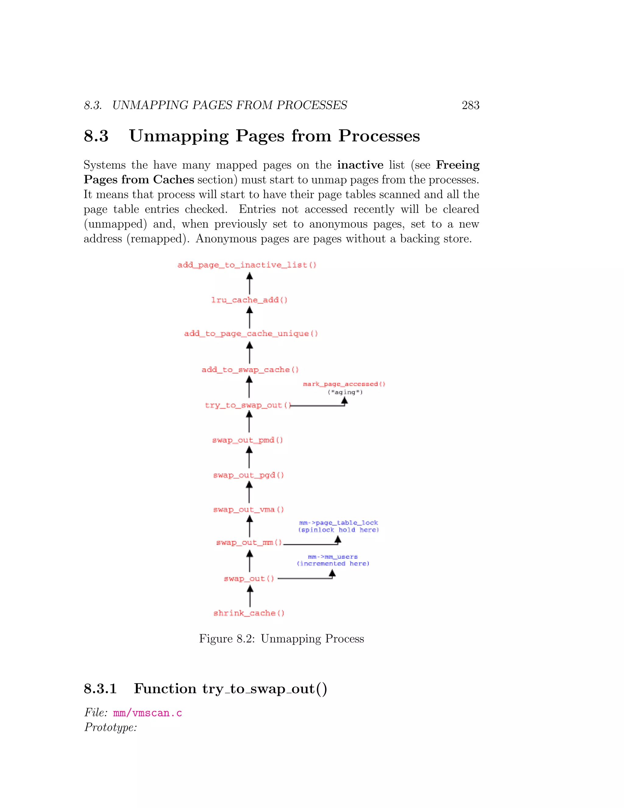8.3. UNMAPPING PAGES FROM PROCESSES                                       283

8.3     Unmapping Pages from Processes
Systems the have many mapped pages on the inactive list (see Freeing
Pages from Caches section) must start to unmap pages from the processes.
It means that process will start to have their page tables scanned and all the
page table entries checked. Entries not accessed recently will be cleared
(unmapped) and, when previously set to anonymous pages, set to a new
address (remapped). Anonymous pages are pages without a backing store.




                      Figure 8.2: Unmapping Process



8.3.1    Function try to swap out()
File: mm/vmscan.c
Prototype:
 