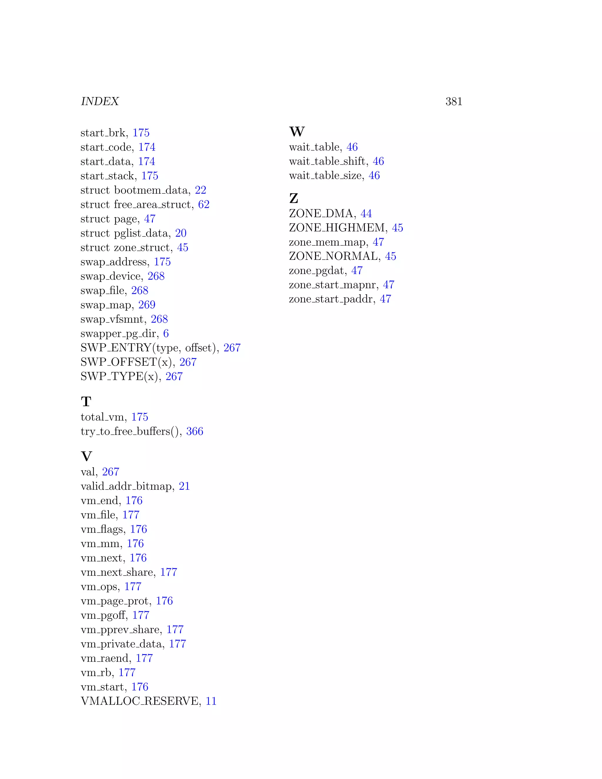 INDEX                                                381

start brk, 175                W
start code, 174               wait table, 46
start data, 174               wait table shift, 46
start stack, 175              wait table size, 46
struct bootmem data, 22
struct free area struct, 62   Z
struct page, 47               ZONE DMA, 44
struct pglist data, 20        ZONE HIGHMEM, 45
struct zone struct, 45        zone mem map, 47
swap address, 175             ZONE NORMAL, 45
swap device, 268              zone pgdat, 47
swap ﬁle, 268                 zone start mapnr, 47
                              zone start paddr, 47
swap map, 269
swap vfsmnt, 268
swapper pg dir, 6
SWP ENTRY(type, oﬀset), 267
SWP OFFSET(x), 267
SWP TYPE(x), 267

T
total vm, 175
try to free buﬀers(), 366

V
val, 267
valid addr bitmap, 21
vm end, 176
vm ﬁle, 177
vm ﬂags, 176
vm mm, 176
vm next, 176
vm next share, 177
vm ops, 177
vm page prot, 176
vm pgoﬀ, 177
vm pprev share, 177
vm private data, 177
vm raend, 177
vm rb, 177
vm start, 176
VMALLOC RESERVE, 11
 