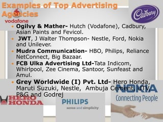 Examples of Top Advertising
Agencies
Ogilvy & Mather- Hutch (Vodafone), Cadbury,
Asian Paints and Fevicol.
 JWT, J Walter...