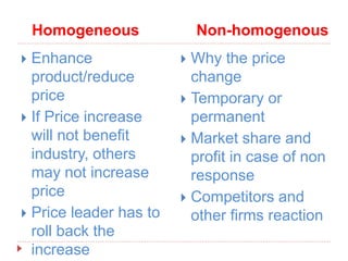 Homogeneous Non-homogenous
 Enhance
product/reduce
price
 If Price increase
will not benefit
industry, others
may not increase
price
 Price leader has to
roll back the
increase
 Why the price
change
 Temporary or
permanent
 Market share and
profit in case of non
response
 Competitors and
other firms reaction
 