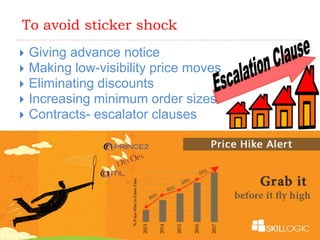To avoid sticker shock
 Giving advance notice
 Making low-visibility price moves
 Eliminating discounts
 Increasing minimum order sizes
 Contracts- escalator clauses
 