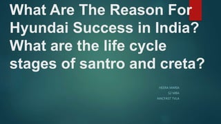 What Are The Reason For
Hyundai Success in India?
What are the life cycle
stages of santro and creta?
HEERA MARIA
S2 MBA
MACFAST TVLA
 