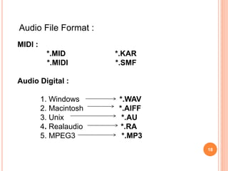 18
Audio File Format :
MIDI :
*.MID *.KAR
*.MIDI *.SMF
Audio Digital :
1. Windows *.WAV
2. Macintosh *.AIFF
3. Unix *.AU
4. Realaudio *.RA
5. MPEG3 *.MP3
 