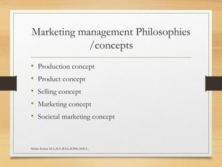 Marketing management Philosophies
/concepts
• Production concept
• Product concept
• Selling concept
• Marketing concept
• Societal marketing concept
Madan Kumar M.A.,M.A.,B.Ed.,M.Phil.,M.B.A.,
 