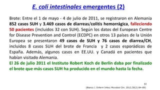 Brote: Entre el 1 de mayo - 4 de julio de 2011, se registraron en Alemania
852 casos SUH y 3.469 casos de diarreas/colitis hemorrágica, falleciendo
50 pacientes (incluidos 32 con SUH). Según los datos del European Centre
for Disease Prevention and Control (ECDPC) en otros 13 países de la Unión
Europea se presentaron 49 casos de SUH y 76 casos de diarrea/CH,
incluidos 8 casos SUH del brote de Francia y 2 casos esporádicos de
España. Además, algunos casos en EE.UU. y Canadá en pacientes que
habían visitado Alemania.
El 26 de julio 2011 el Instituto Robert Koch de Berlín daba por finalizado
el brote que más casos SUH ha producido en el mundo hasta la fecha.
E. coli intestinales emergentes (2)
(Blanco J. Enferm Infecc Microbiol Clin. 2012;30(2):84–89)
51
 