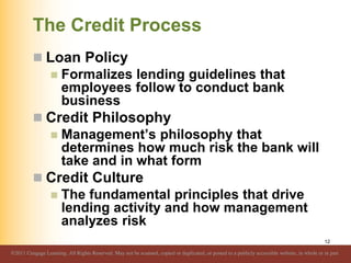 The Credit Process
 Loan Policy
 Formalizes lending guidelines that
employees follow to conduct bank
business
 Credit P...