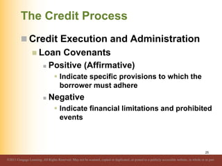The Credit Process
 Credit Execution and Administration
 Loan Covenants
 Positive (Affirmative)
 Indicate specific pro...