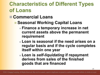 Characteristics of Different Types
of Loans
 Commercial Loans
 Seasonal Working Capital Loans
 Finance a temporary incr...