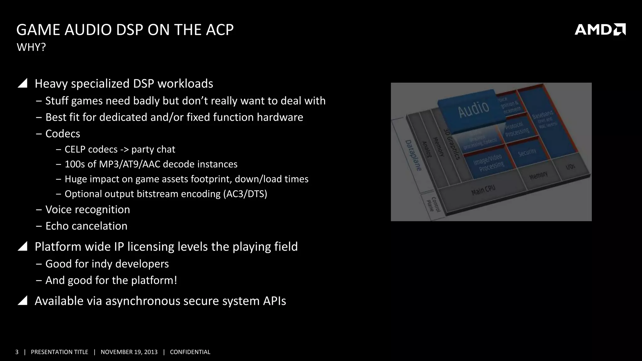 GAME AUDIO DSP ON THE ACP
WHY?

 Heavy specialized DSP workloads
‒ Stuff games need badly but don’t really want to deal with
‒ Best fit for dedicated and/or fixed function hardware
‒ Codecs
‒
‒
‒
‒

CELP codecs -> party chat
100s of MP3/AT9/AAC decode instances
Huge impact on game assets footprint, down/load times
Optional output bitstream encoding (AC3/DTS)

‒ Voice recognition
‒ Echo cancelation

 Platform wide IP licensing levels the playing field
‒ Good for indy developers
‒ And good for the platform!

 Available via asynchronous secure system APIs

3 | PRESENTATION TITLE | NOVEMBER 19, 2013 | CONFIDENTIAL

 