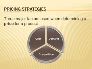 PRICING STRATEGIES
Three major factors used when determining a
price for a product
Demand
Competition
Cost
 