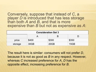 Conversely, suppose that instead of C, a
player D is introduced that has less storage
than both A and B, and that is more
expensive than B but not as expensive as A:
Consideration Set 3
A B D
price $400 $300 $350
storage 30GB 20GB 15GB
The result here is similar: consumers will not prefer D,
because it is not as good as B in any respect. However,
whereas C increased preference for A, D has the
opposite effect, increasing preference for B.
 
