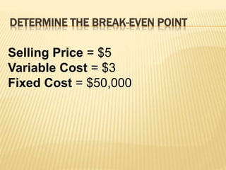 DETERMINE THE BREAK-EVEN POINT
Selling Price = $5
Variable Cost = $3
Fixed Cost = $50,000
 