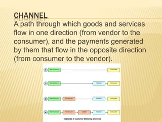 CHANNEL
A path through which goods and services
flow in one direction (from vendor to the
consumer), and the payments generated
by them that flow in the opposite direction
(from consumer to the vendor).
 