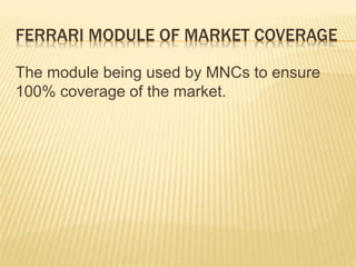 FERRARI MODULE OF MARKET COVERAGE
The module being used by MNCs to ensure
100% coverage of the market.
 