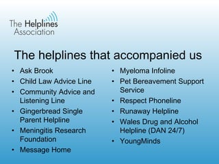 The helplines that accompanied us Ask Brook Child Law Advice Line Community Advice and Listening Line Gingerbread Single Parent Helpline Meningitis Research Foundation Message Home Myeloma Infoline Pet Bereavement Support Service Respect Phoneline Runaway Helpline Wales Drug and Alcohol Helpline (DAN 24/7) YoungMinds 