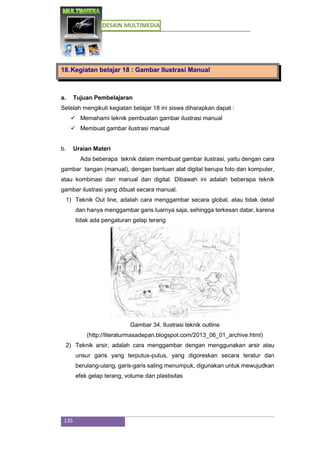 DESAIN MULTIMEDIA
135
18.Kegiatan belajar 18 : Gambar Ilustrasi Manual
a. Tujuan Pembelajaran
Setelah mengikuti kegiatan belajar 18 ini siswa diharapkan dapat :
 Memahami teknik pembuatan gambar ilustrasi manual
 Membuat gambar ilustrasi manual
b. Uraian Materi
Ada beberapa teknik dalam membuat gambar ilustrasi, yaitu dengan cara
gambar tangan (manual), dengan bantuan alat digital berupa foto dan komputer,
atau kombinasi dari manual dan digital. Dibawah ini adalah beberapa teknik
gambar ilustrasi yang dibuat secara manual.
1) Teknik Out line, adalah cara menggambar secara global, atau tidak detail
dan hanya menggambar garis luarnya saja, sehingga terkesan datar, karena
tidak ada pengaturan gelap terang
Gambar 34. Ilustrasi teknik outline
(http://literaturmasadepan.blogspot.com/2013_06_01_archive.html)
2) Teknik arsir, adalah cara menggambar dengan menggunakan arsir atau
unsur garis yang terputus-putus, yang digoreskan secara teratur dan
berulang-ulang, garis-garis saling menumpuk, digunakan untuk mewujudkan
efek gelap terang, volume dan plastisitas
 