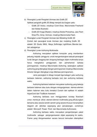 DESAIN MULTIMEDIA
18
b) Perangkat Lunak Pengolah Animasi dan Grafik 2D
Aplikasi pengolah grafik 2D dibagi menjadi dua bagian yaitu:
- Grafik 2D Vector, misalnya Corel Draw, Macromedia Freehand
dan Adobe Illustrator.
- Grafik 2D Image (Raster), misalnya Adobe Photoshop, Jasc Paint
Shop Pro, Gimp. Animasi, misalnya Macromedia Flash.
c) Perangkat Lunak Pengolah Animasi dan Modeling Grafik 3D
Contoh dari perangkat lunak Animasi dan modeling Grafik 3D
adalah 3D Studio MAX, Maya, Softimage, LightWave, Blender dan
lain sebagainya.
d) Perangkat Lunak Authoring Multimedia
Authoring merupakan aplikasi komputer yang memberikan
peluang kepada pengguna untuk mengembangkan sebuah perangkat
lunak dengan dragging dan dropping berbagai objek multimedia tanpa
harus mengetahui penggunaan dan pemahaman bahasa
pemrograman, misalnya Macromedia Authoring, sedangkan aplikasi
authoring yang dilengkapi dengan pemrograman misalnya Macromedia
Director dengan dilengkapi Lingo (Bahasa pemrograman).
Jenis perangkat ini dibagi menjadi tiga kategori yaitu authoring
berbasis halaman, authoring berbasis icon dan authoring berbasis
waktu.
Authoring berbasis halaman merupakan authoring yang bekerja
berbasis halaman atau buku dengan mengorganisasi elemen-elemen
dalam halaman atau buku tersebut. Contoh dari aplikasi ini adalah
HyperCard dan ToolBook Assistant.
Authoring berbasis icon menggunakan konsep flowchart
untuk membuat aliran elemen-elemen multimedia yang dihubungkan
bersama atau secara sendiri-sendiri yang secara khusus menampilkan
diagram alir aktivitas sepanjang jalur percabangan, contohnya
adalah Microsoft Power Point dan Macromedia Authorware.
Authoring berbasis waktu merupakan pengembangan paket
multimedia sebagai pengorganisasian objek sepanjang lini waktu.
Frame yang diorganisasikan secara berurut kemudian ditampilkan
 