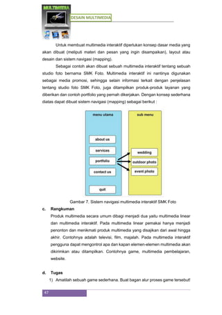 DESAIN MULTIMEDIA
47
Untuk membuat multimedia interaktif diperlukan konsep dasar media yang
akan dibuat (meliputi materi dan pesan yang ingin disampaikan), layout atau
desain dan sistem navigasi (mapping).
Sebagai contoh akan dibuat sebuah multimedia interaktif tentang sebuah
studio foto bernama SMK Foto. Multimedia interaktif ini nantinya digunakan
sebagai media promosi, sehingga selain informasi terkait dengan penjelasan
tentang studio foto SMK Foto, juga ditampilkan produk-produk layanan yang
diberikan dan contoh portfolio yang pernah dikerjakan. Dengan konsep sederhana
diatas dapat dibuat sistem navigasi (mapping) sebagai berikut :
Gambar 7. Sistem navigasi multimedia interaktif SMK Foto
c. Rangkuman
Produk multimedia secara umum dibagi menjadi dua yaitu multimedia linear
dan multimedia interaktif. Pada multimedia linear pemakai hanya menjadi
penonton dan menikmati produk multimedia yang disajikan dari awal hingga
akhir. Contohnya adalah televisi, film, majalah. Pada multimedia interaktif
pengguna dapat mengontrol apa dan kapan elemen-elemen multimedia akan
dikirimkan atau ditampilkan. Contohnya game, multimedia pembelajaran,
website.
d. Tugas
1) Amatilah sebuah game sederhana. Buat bagan alur proses game tersebut!
 