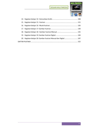 DESAIN MULTIMEDIA
vi
14. Kegiatan belajar 14 : Komunikasi Grafis.......................................................... 108
15. Kegiatan belajar 15 : Ilustrasi .......................................................................... 115
16. Kegiatan belajar 16 : Musik Ilustrasi................................................................ 126
17. Kegiatan belajar 17: Gambar Ilustrasi ............................................................. 130
18. Kegiatan belajar 18 : Gambar Ilustrasi Manual ............................................... 135
19. Kegiatan belajar 19: Gambar Ilustrasi Digital .................................................. 144
20. Kegiatan belajar 20: Gambar Ilustrasi Manual dan Digital.............................. 147
DAFTAR PUSTAKA ........................................................................................................... 152
 