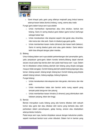 DESAIN MULTIMEDIA
79
o Garis khayal yaitu garis yang sifatnya imajinatif yang timbul karena
adanya kesan batas (kontur) bidang, ruang, warna atau nada
Fungsi garis dalam karya seni rupa adalah
o Untuk memberikan representasi atau citra struktur, bentuk dan
bidang. Garis ini sering disebut garis blabar (garis kontur) berfungsi
sebagai batas/ tepi
o Untuk menekankan nilai ekspresi seperti nilai gerak atau dinamika,
nilai irama dan nilai arah. Garis ini disebut juga garis grafis.
o Untuk memberikan kesan matra (dimensi) dan kesan barik (tekstur).
Garis ini sering disebut garis arsir atau garis tekstur. Garis tekstur
lebih bisa dihayati dengan jalan meraba.
2) Bidang
Unsur bidang dalam seni rupa adalah perkembangan dari penampilan garis,
yaitu perpaduan garis-garis dalam kondisi tertentu.Bidang dapat diamati
secara visual pada tiap benda alam dan pada hasil karya seni rupa. Dalam
hal ini dibedakan antara bidang alamiah dan bidang yang dicipta (sengaja
maupun tidak sengaja). Contoh bidang alamiah adalah bidang lapangan atau
taman, bidang sawah, bidang langit, bidang laut. Contoh bidang yang dicipta
adalah bidang lukisan, bidang segitiga, bidang lingkaran.
Fungsi bidang:
o Untuk menekankan nilai ekspresi dan nilai gerak, nilai irama dan nilai
arah.
o Untuk memberikan batas dan bentuk serta ruang seperti yang
tampak pada bangunan dan patung.
o Untuk memberikan kesan trimatra (3 dimensi) yang ditimbulkan oleh
batasan panjang, lebar dan tinggi.
3) Bentuk
Bentuk merupakan suatu bidang yang ada karena dibatasi oleh sebuah
kontur atau garis dan atau dibatasi oleh warna yang berbeda atau oleh
perbedaan dalam pencahayaan, gelap terang, arsiran atau disebabkan
adanya tekstur tertentu.
Pada karya seni rupa, bentuk diciptakan sesuai dengan kebutuhan praktis,
seperti membuat bentuk kursi untuk diduduki. Dalam hal ini bentuk yang
 