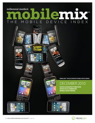 MOBILE MIX™ TRACKS & REPORTS MOBILE DEVICE TRENDS



                                                    DECEMBER 2010
                                                    DEVICE & MANUFACTURER DATA
                                                    DEVICE OS & CARRIER MIX
                                                    MOBILE USAGE TRENDS




Visit www.millennialmedia.com/research to sign up
 