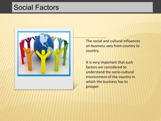 Social Factors
The social and cultural influences
on business vary from country to
country.
It is very important that such
factors are considered to
understand the socio-cultural
environment of the country in
which the business has to
prosper.
 
