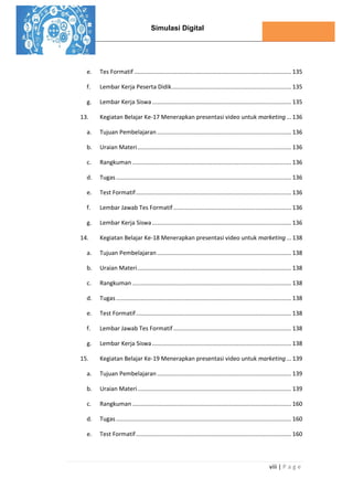 Simulasi Digital
viii | P a g e
e. Tes Formatif ................................................................................................ 135
f. Lembar Kerja Peserta Didik......................................................................... 135
g. Lembar Kerja Siswa..................................................................................... 135
13. Kegiatan Belajar Ke-17 Menerapkan presentasi video untuk marketing... 136
a. Tujuan Pembelajaran .................................................................................. 136
b. Uraian Materi.............................................................................................. 136
c. Rangkuman ................................................................................................. 136
d. Tugas ........................................................................................................... 136
e. Test Formatif............................................................................................... 136
f. Lembar Jawab Tes Formatif ........................................................................ 136
g. Lembar Kerja Siswa..................................................................................... 136
14. Kegiatan Belajar Ke-18 Menerapkan presentasi video untuk marketing... 138
a. Tujuan Pembelajaran .................................................................................. 138
b. Uraian Materi.............................................................................................. 138
c. Rangkuman ................................................................................................. 138
d. Tugas ........................................................................................................... 138
e. Test Formatif............................................................................................... 138
f. Lembar Jawab Tes Formatif ........................................................................ 138
g. Lembar Kerja Siswa..................................................................................... 138
15. Kegiatan Belajar Ke-19 Menerapkan presentasi video untuk marketing... 139
a. Tujuan Pembelajaran .................................................................................. 139
b. Uraian Materi.............................................................................................. 139
c. Rangkuman ................................................................................................. 160
d. Tugas ........................................................................................................... 160
e. Test Formatif............................................................................................... 160
 