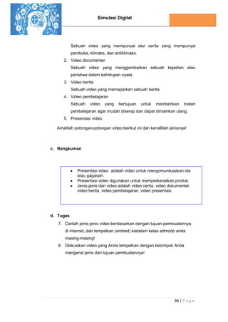 Simulasi Digital
98 | P a g e
Sebuah video yang mempunyai alur cerita yang mempunyai
pembuka, klimaks, dan antiklimaks.
2. Video documenter
Sebuah video yang menggambarkan sebuah kejadian atau
peristiwa dalam kehidupan nyata.
3. Video berita
Sebuah video yang memaparkan sebuah berita.
4. Video pembelajaran
Sebuah video yang bertujuan untuk memberikan materi
pembelajaran agar mudah diserap dan dapat dimainkan ulang.
5. Presentasi video
Amatilah potongan-potongan video berikut ini dan kenallilah jenisnya!
c. Rangkuman
d. Tugas
7. Carilah jenis-jenis video berdasarkan dengan tujuan pembuatannya
di internet, dan tempelkan (embed) kedalam kelas edmodo anda
masing-masing!
8. Diskusikan video yang Anda tempelkan dengan kelompok Anda
mengenai jenis dari tujuan pembuatannya!
 Presentasi video adalah video untuk mengomunikasikan ide
atau gagasan.
 Presentasi video digunakan untuk memperkenalkan produk.
 Jenis-jenis dari video adalah video cerita, video dokumenter,
video berita, video pembelajaran, video presentasi.
 