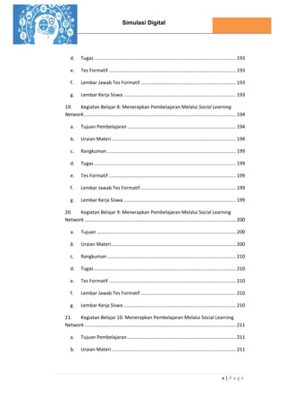 Simulasi Digital
x | P a g e
d. Tugas ........................................................................................................... 193
e. Tes Formatif ................................................................................................ 193
f. Lembar Jawab Tes Formatif ........................................................................ 193
g. Lembar Kerja Siswa..................................................................................... 193
19. Kegiatan Belajar 8: Menerapkan Pembelajaran Melalui Social Learning
Network................................................................................................................... 194
a. Tujuan Pembelajaran .................................................................................. 194
b. Uraian Materi.............................................................................................. 194
c. Rangkuman ................................................................................................. 199
d. Tugas ........................................................................................................... 199
e. Tes Formatif ................................................................................................ 199
f. Lembar Jawab Tes Formatif ........................................................................ 199
g. Lembar Kerja Siswa..................................................................................... 199
20. Kegiatan Belajar 9: Menerapkan Pembelajaran Melalui Social Learning
Network .................................................................................................................. 200
a. Tujuan ......................................................................................................... 200
b. Uraian Materi.............................................................................................. 200
c. Rangkuman ................................................................................................. 210
d. Tugas ........................................................................................................... 210
e. Tes Formatif ................................................................................................ 210
f. Lembar Jawab Tes Formatif ........................................................................ 210
g. Lembar Kerja Siswa..................................................................................... 210
21. Kegiatan Belajar 10: Menerapkan Pembelajaran Melalui Social Learning
Network .................................................................................................................. 211
a. Tujuan Pembelajaran .................................................................................. 211
b. Uraian Materi.............................................................................................. 211
 