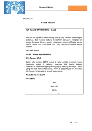Simulasi Digital
106 | P a g e
ah berikut ini
Contoh Naskah 1
INT. RUANG GANTI PEMAIN – SIANG
Sebuah tim sepakbola SMU sedang bersiap-siap sebelum pertandingan.
Beberapa dari mereka sedang merapihkan seragam, mengikat tali
sepatu.Beberapa lainnya sedang melakukan stretching.Mereka semua
terlihat serius dan fokus.Tidak ada yang berbicara.Suasana sangat
intense.
CU : Tali Sepatu
CU 2S : Sepatu, berjalan keluar
CU : Tangan SENO
Salah satu pemain, SENO, duduk di satu sudut.Ia tertunduk, kedua
tangannya terlipat di dadanya, napasnya tidak teratur, kakinya
dihentakkan seperti orang yang sedang gugup.Seorang temannya, DANA,
yang dari tadi memperhatikannya, duduk di sebelahnya.Seno menoleh,
dan hanya mengangguk.Ia tampak gugup sekali.
MLS : SENO dan DANA
CU : SENO
DANA
Nervous?
SENO
(mengangguk)
Iya.
MLS : SENO, DANA duduk di kursi panajang
DANA
Kenapa? Apa yang lo takutin?
Seno melihat Dana dengan tampang heran.
CU : SENO
SENO
Ini pertandingan final, Dan.
MLS : SENO, Dana
 