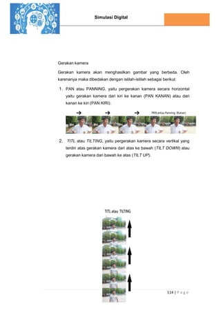 Simulasi Digital
114 | P a g e
Gerakan kamera
Gerakan kamera akan menghasilkan gambar yang berbeda. Oleh
karenanya maka dibedakan dengan istilah-istilah sebagai berikut:
1. PAN atau PANNING, yaitu pergerakan kamera secara horizontal
yaitu gerakan kamera dari kiri ke kanan (PAN KANAN) atau dari
kanan ke kiri (PAN KIRI).
2. TITL atau TILTING, yaitu pergerakan kamera secara vertikal yang
terdiri atas gerakan kamera dari atas ke bawah (TILT DOWN) atau
gerakan kamera dari bawah ke atas (TILT UP).
 