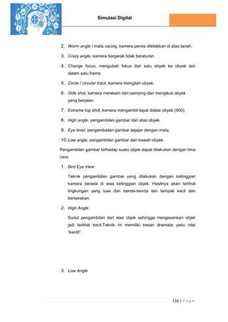 Simulasi Digital
116 | P a g e
2. Worm angle / mata cacing, kamera persis diletakkan di atas tanah.
3. Crazy angle, kamera bergerak tidak beraturan.
4. Change focus, mengubah fokus dari satu obyek ke obyek lain
dalam satu frame.
5. Circle / circular track, kamera mengitari obyek.
6. Side shot, kamera merekam dari samping dan mengikuti obyek
yang berjalan.
7. Extreme top shot, kamera mengambil tepat diatas obyek (900).
8. High angle, pengambilan gambar dari atas obyek.
9. Eye level, pengambailan gambar sejajar dengan mata.
10.Low angle, pengambilan gambar dari bawah obyek.
Pengambilan gambar terhadap suatu objek dapat dilakukan dengan lima
cara:
1. Bird Eye View
Teknik pengambilan gambar yang dilakukan dengan ketinggian
kamera berada di atas ketinggian objek. Hasilnya akan terlihat
lingkungan yang luas dan benda-benda lain tampak kecil dan
berserakan.
2. High Angle
Sudut pengambilan dari atas objek sehingga mengesankan objek
jadi terlihat kecil.Teknik ini memiliki kesan dramatis yaitu nilai
“kerdil”.
3. Low Angle
 