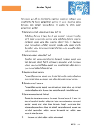Simulasi Digital
127 | P a g e
kamerawan (pan, tilt dan zoom) serta pergerakan subjek dan partisipan yang
diarahkan.Ke-12 teknik pengambilan gambar ini pada dasarnya saling
berkaitan satu dengan lainnya.Berikut ini adalah 12 teknik dasar
pengambilan gambar.
1.Kamera mendekati subjek (truck-in atau dolly-in)
Kedudukan kamera di tripod dan di atas landasan rodanya.Ini adalah
teknik dasar pengambilan gambar yang sederhana.Kamera bergerak
mendekati subjek yang tidak bergerak (statis).Teknik ini digunakan
untuk memusatkan perhatian penonton kepada suatu subjek tertentu
dan dalam waktu bersamaan mempertahankan posisi geografis subjek
pada tempatnya.
2.Kamera menjauhi subjek (dolly-out)
Kebalikan dari yang pertama.Kamera bergerak menjauhi subjek yang
tidak bergerak (statis). Teknik ini biasanya digunakan untuk membuka
sekuen yang memperlihatkan subjek yang terkait dengan subjek lainnya
yang muncul pada shot selanjutnya.
3.Subjek mendekati kamera
Pengambilan gambar subjek yang dimulai dari posisi medium atau long
shot menjadi close up, dengan cara subjek bergerak menuju kamera.
4.Subjek menjauhi kamera
Pengambilan gambar subjek yang dimulai dari posisi close up menjadi
medium atau long shot dengan cara subjek bergerak mejauhi kamera.
5.Kamera megikuti subjek (Follow)
Subjek dan kamera sama-sama bergerak. Kamera bergerak di atas trek
atau rel mengikuti gerakan subjek dan tetap mempertahankan komposisi
gambar subjek agar tetap tidak berubah (tetap), sementara latar
belakang berubah terus. Cara lain adalah kamera bergerak secara pan
mengikuti pergerakan subjek, namun komposisi dari subjek yang
bergerak akan berubah.
6. Kamera mengikuti subjek, subjek lain muncul
 