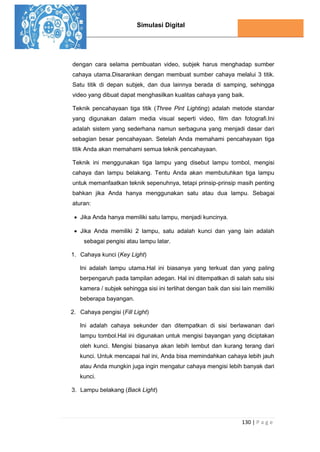 Simulasi Digital
130 | P a g e
dengan cara selama pembuatan video, subjek harus menghadap sumber
cahaya utama.Disarankan dengan membuat sumber cahaya melalui 3 titik.
Satu titik di depan subjek, dan dua lainnya berada di samping, sehingga
video yang dibuat dapat menghasilkan kualitas cahaya yang baik.
Teknik pencahayaan tiga titik (Three Pint Lighting) adalah metode standar
yang digunakan dalam media visual seperti video, film dan fotografi.Ini
adalah sistem yang sederhana namun serbaguna yang menjadi dasar dari
sebagian besar pencahayaan. Setelah Anda memahami pencahayaan tiga
titik Anda akan memahami semua teknik pencahayaan.
Teknik ini menggunakan tiga lampu yang disebut lampu tombol, mengisi
cahaya dan lampu belakang. Tentu Anda akan membutuhkan tiga lampu
untuk memanfaatkan teknik sepenuhnya, tetapi prinsip-prinsip masih penting
bahkan jika Anda hanya menggunakan satu atau dua lampu. Sebagai
aturan:
 Jika Anda hanya memiliki satu lampu, menjadi kuncinya.
 Jika Anda memiliki 2 lampu, satu adalah kunci dan yang lain adalah
sebagai pengisi atau lampu latar.
1. Cahaya kunci (Key Light)
Ini adalah lampu utama.Hal ini biasanya yang terkuat dan yang paling
berpengaruh pada tampilan adegan. Hal ini ditempatkan di salah satu sisi
kamera / subjek sehingga sisi ini terlihat dengan baik dan sisi lain memiliki
beberapa bayangan.
2. Cahaya pengisi (Fill Light)
Ini adalah cahaya sekunder dan ditempatkan di sisi berlawanan dari
lampu tombol.Hal ini digunakan untuk mengisi bayangan yang diciptakan
oleh kunci. Mengisi biasanya akan lebih lembut dan kurang terang dari
kunci. Untuk mencapai hal ini, Anda bisa memindahkan cahaya lebih jauh
atau Anda mungkin juga ingin mengatur cahaya mengisi lebih banyak dari
kunci.
3. Lampu belakang (Back Light)
 