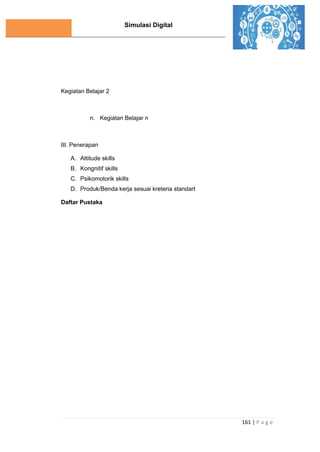 Simulasi Digital
161 | P a g e
Kegiatan Belajar 2
n. Kegiatan Belajar n
III. Penerapan
A. Attitude skills
B. Kongnitif skills
C. Psikomotorik skills
D. Produk/Benda kerja sesuai kreteria standart
Daftar Pustaka
 