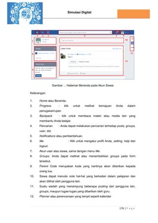 Simulasi Digital
176 | P a g e
Gambar ... Halaman Beranda pada Akun Siswa
Keterangan:
1. Home atau Beranda.
2. Progress : klik untuk melihat kemajuan Anda dalam
penugasan/ujian.
3. Backpack : klik untuk membaca materi atau media lain yang
membantu Anda belajar.
4. Pencarian : Anda dapat melakukan pencarian terhadap posts, groups,
user, dst.
5. Notifications atau pemberitahuan.
6. Me : Klik untuk mengatur profil Anda, setting, help dan
logout.
7. Akun user atau siswa, sama dengan menu Me.
8. Groups: Anda dapat melihat atau menambahkan groups pada form
tersebut.
9. Parent Code merupakan kode yang nantinya akan diberikan kepada
orang tua.
10. Siswa dapat menulis note hal-hal yang berkaitan dalam pelajaran dan
akan dilihat oleh pengguna lain.
11. Suatu wadah yang menampung beberapa posting dari pengguna lain,
groups, maupun tugas-tugas yang diberikan oleh guru.
12. Planner atau perencanaan yang tampil seperti kalender
 