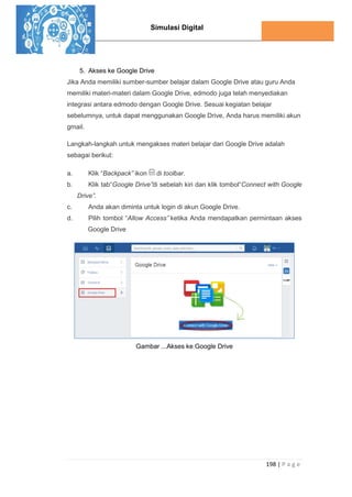 Simulasi Digital
198 | P a g e
5. Akses ke Google Drive
Jika Anda memiliki sumber-sumber belajar dalam Google Drive atau guru Anda
memiliki materi-materi dalam Google Drive, edmodo juga telah menyediakan
integrasi antara edmodo dengan Google Drive. Sesuai kegiatan belajar
sebelumnya, untuk dapat menggunakan Google Drive, Anda harus memiliki akun
gmail.
Langkah-langkah untuk mengakses materi belajar dari Google Drive adalah
sebagai berikut:
a. Klik “Backpack” ikon di toolbar.
b. Klik tab“Google Drive”di sebelah kiri dan klik tombol“Connect with Google
Drive”.
c. Anda akan diminta untuk login di akun Google Drive.
d. Pilih tombol “Allow Access” ketika Anda mendapatkan permintaan akses
Google Drive
Gambar ...Akses ke Google Drive
 