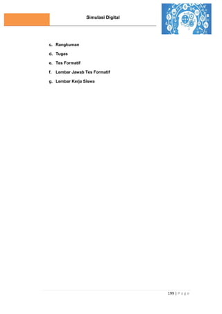 Simulasi Digital
199 | P a g e
c. Rangkuman
d. Tugas
e. Tes Formatif
f. Lembar Jawab Tes Formatif
g. Lembar Kerja Siswa
 
