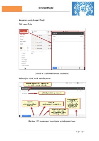 Simulasi Digital
21 | P a g e
Mengirim surat dengan Email
Pilih menu Tulis
Gambar 1.10 jendela memulai pesan baru
Keterangan kotak untuk menulis pesan:
Gambar 1.11 pengenalan fungsi pada jendela pesan baru
 