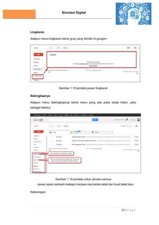 Simulasi Digital
25 | P a g e
Lingkaran
Adapun menu lingkaran berisi grup yang dimiliki di google+
Gambar 1.18 jendela pesan lingkaran
Selengkapnya
Adapun menu Selengkapnya berisi menu yang ada pada kotak hitam, yaitu
sebagai berikut:
Gambar 1.19 jendela untuk obrolan,semua
pesan,spam,sampah,kategori,kerjaan,resi,kelola label,dan buat label baru
Keterangan:
 