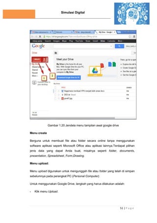 Simulasi Digital
51 | P a g e
Gambar 1.20 Jendela menu tampilan awal google drive
Menu create
Berguna untuk membuat file atau folder secara online tanpa menggunakan
software aplikasi seperti Microsoft Office atau aplikasi lainnya.Terdapat pilihan
jenis data yang dapat Anda buat, misalnya seperti folder, documents,
presentation, Spreadsheet, Form,Drawing.
Menu upload:
Menu upload digunakan untuk mengunggah file atau folder yang telah di simpan
sebelumnya pada perangkat PC (Personal Computer).
Untuk menggunakan Google Drive, langkah yang harus dilakukan adalah:
- Klik menu Upload.
 
