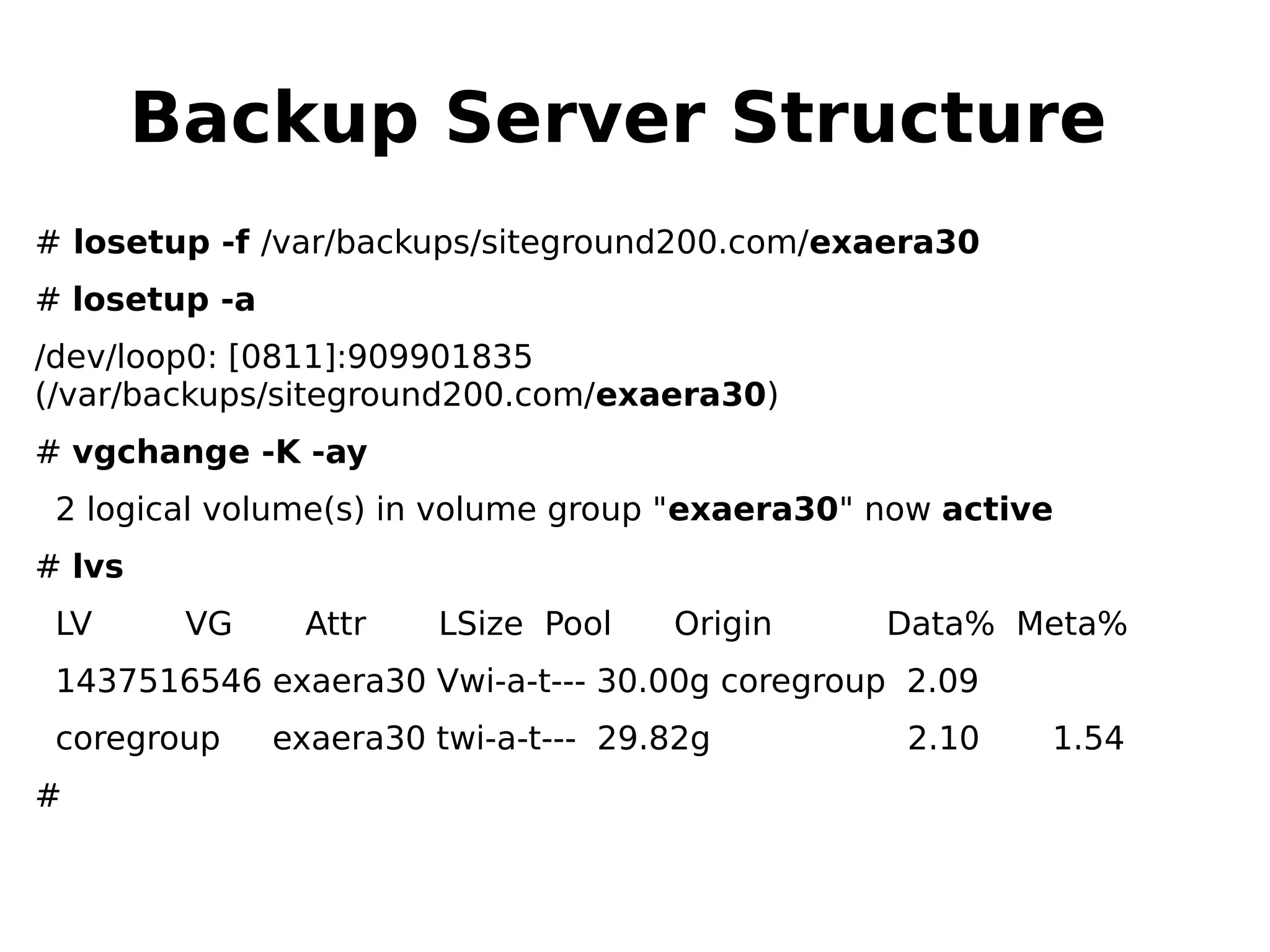 Backup Server Structure
# losetup -f /var/backups/siteground200.com/exaera30
# losetup -a
/dev/loop0: [0811]:909901835
(/var/backups/siteground200.com/exaera30)
# vgchange -K -ay
2 logical volume(s) in volume group "exaera30" now active
# lvs
LV VG Attr LSize Pool Origin Data% Meta%
1437516546 exaera30 Vwi-a-t--- 30.00g coregroup 2.09
coregroup exaera30 twi-a-t--- 29.82g 2.10 1.54
#
 