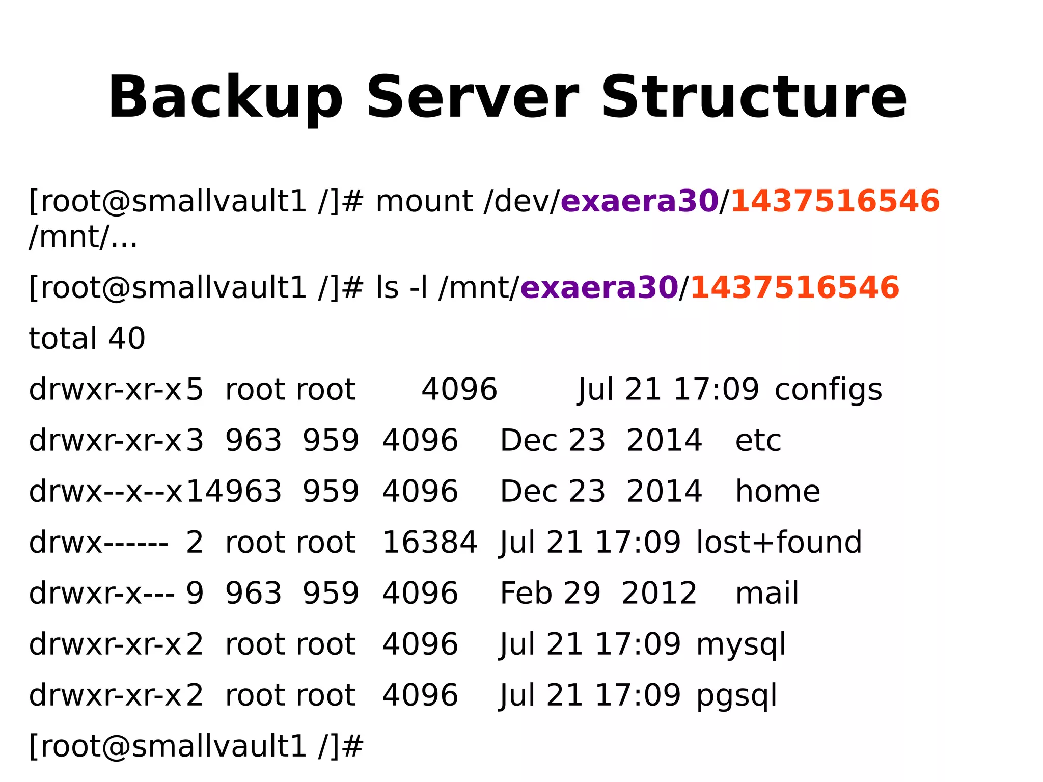 Backup Server Structure
[root@smallvault1 /]# mount /dev/exaera30/1437516546
/mnt/...
[root@smallvault1 /]# ls -l /mnt/exaera30/1437516546
total 40
drwxr-xr-x5 root root 4096 Jul 21 17:09 configs
drwxr-xr-x3 963 959 4096 Dec 23 2014 etc
drwx--x--x14963 959 4096 Dec 23 2014 home
drwx------ 2 root root 16384 Jul 21 17:09 lost+found
drwxr-x--- 9 963 959 4096 Feb 29 2012 mail
drwxr-xr-x2 root root 4096 Jul 21 17:09 mysql
drwxr-xr-x2 root root 4096 Jul 21 17:09 pgsql
[root@smallvault1 /]#
 