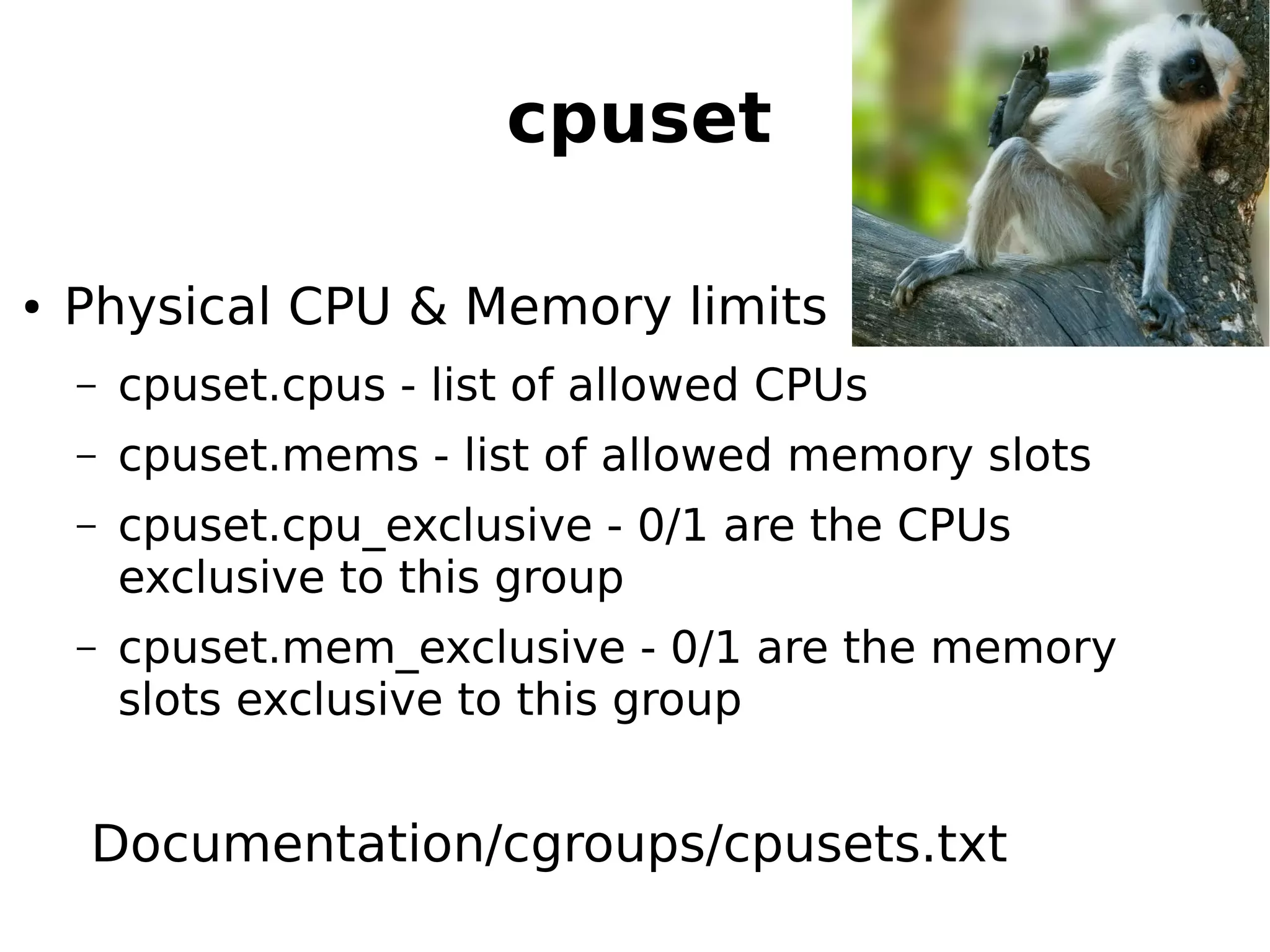 cpuset
● Physical CPU & Memory limits
– cpuset.cpus - list of allowed CPUs
– cpuset.mems - list of allowed memory slots
– cpuset.cpu_exclusive - 0/1 are the CPUs
exclusive to this group
– cpuset.mem_exclusive - 0/1 are the memory
slots exclusive to this group
Documentation/cgroups/cpusets.txt
 