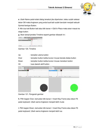 Teknik Animasi 2 Dimensi
95 | P a g e
e. Ubah Name pada kotak dialog tersebut jika diperlukan, kalau sudah selesai
tekan OK maka lingkaran yang anda buat tadi sudah berubah menjadi sebuah
Symbol bertype Button.
f. Klik dua kali Button tadi atau klik kanan > Edit In Place maka akan masuk ke
stage button.
g. Akan tampil jendela Timeline seperti gambar dibawah ini :
Gambar 120. Timeline
Up : tampilan utama button
Over : tampilan button ketika kursor mouse berada diatas button
Down : tampilan button ketika kursor mouse menekan button
Hit : luas daerah aktif button
Gambar 121. Pengarah gambar
h. Pilih bagian Over, kemudian klik kanan > Insert Key Frame atau tekan F6
pada keyboard. Ubah warna lingkaran menjadi lebih muda
i. Pilih bagian Down, kemudian klik kanan > Insert Key Frame atau tekan F6
pada keyboard. Ubah warna lingkaran menjadi lebih tua
 
