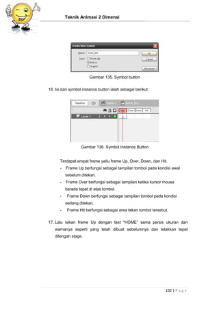 Teknik Animasi 2 Dimensi
102 | P a g e
Gambar 135. Symbol button
16. Isi dari symbol instance button ialah sebagai berikut:
Gambar 136. Symbol Instance Button
Terdapat empat frame yaitu frame Up, Over, Down, dan Hit.
- Frame Up berfungsi sebagai tampilan tombol pada kondisi awal
sebelum ditekan.
- Frame Over berfungsi sebagai tampilan ketika kursor mouse
berada tepat di atas tombol.
- Frame Down berfungsi sebagai tampilan tombol pada kondisi
sedang ditekan.
- Frame Hit berfungsi sebagai area tekan tombol tersebut.
17. Lalu isikan frame Up dengan text “HOME” sama persis ukuran dan
warnanya seperti yang telah dibuat sebelumnya dan letakkan tepat
ditengah stage.
 