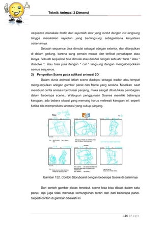 Teknik Animasi 2 Dimensi
116 | P a g e
sequence manakala terdiri dari sejumlah shot yang runtut dengan cut langsung
hingga melukiskan kejadian yang berlangsung sebagaimana kenyataan
sebenarnya.
Sebuah sequence bisa dimulai sebagai adegan exterior, dan dilanjutkan
di dalam gedung, karena sang pemain masuk dan terlibat percakapan atau
lainya. Sebuah sequence bisa dimulai atau diakhiri dengan sebuah “ fade “ atau “
dissolve “; atau bisa pula dengan “ cut “ langsung dengan mengelompokkan
semua sequence.
2) Pengertian Scene pada aplikasi animasi 2D
Dalam dunia animasi istilah scene diadopsi sebagai wadah atau tempat
mengumpulkan adegan gambar panel dan frame yang senada. Misalkan, saat
membuat cerita animasi berdurasi panjang, maka sangat dibutuhkan pembagian
dalam beberapa scene.. Walaupun penggunaan Scenes memiliki beberapa
kerugian, ada bebera situasi yang memang harus melewati kerugian ini, seperti
ketika kita memproduksi animasi yang cukup panjang.
Gambar 152. Contoh Storyboard dengan beberapa Scene di dalamnya
Dari contoh gambar diatas tersebut, scene bisa bisa dibuat dalam satu
panel, tapi juga tidak menutup kemungkinan terdiri dari dari beberapa panel.
Seperti contoh di gambar dibawah ini
 